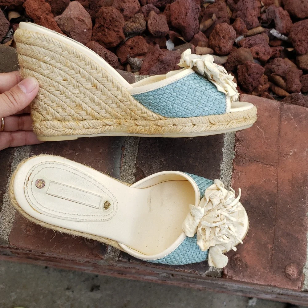 Vintage Celine Espadrille Floral Leather Wedge Sandal Size 36 Luxury Bohemian